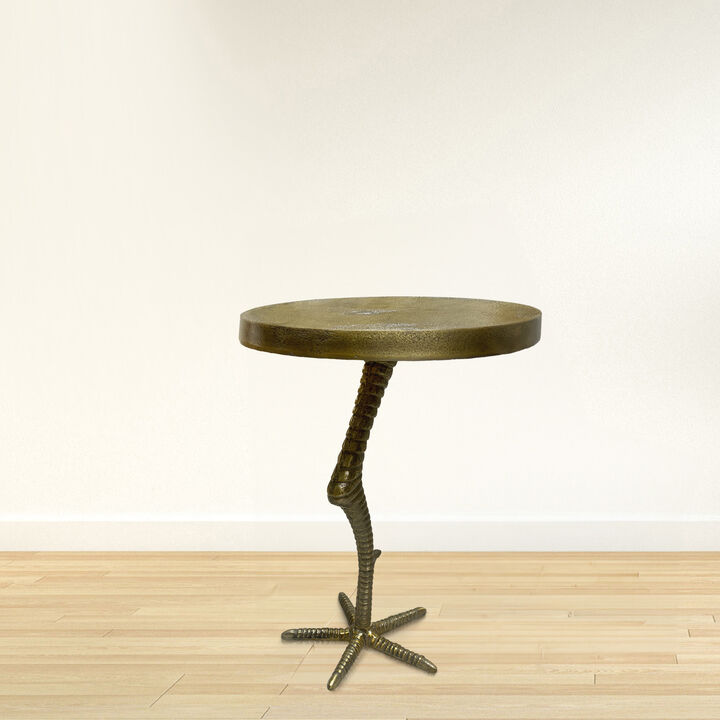 19 Inch Side End Table, Antique Brass Aluminum Cast, Round Top with Handcrafted Textured Crane Leg Stem - Benzara