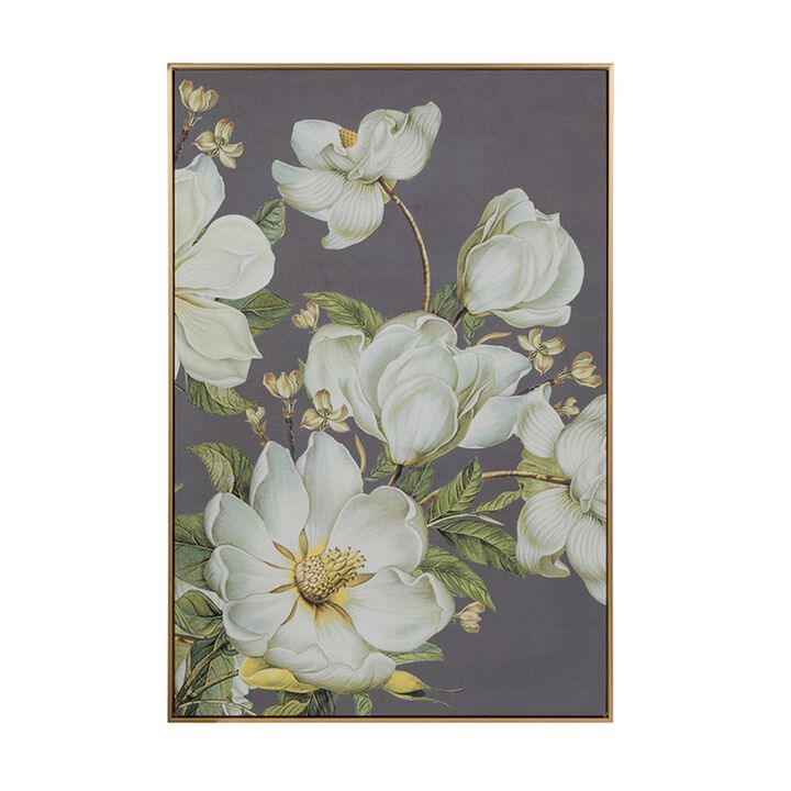 Nia 32 x 47 Flower Wall Art Decor, Microfiber, Pine Wood, White, Green - Benzara
