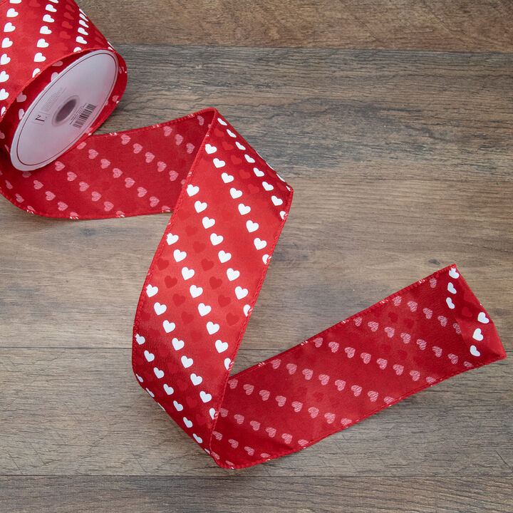 Red and White Diagonal Hearts Valentine's Day Wired Craft Ribbon 2.5" x 10 Yards