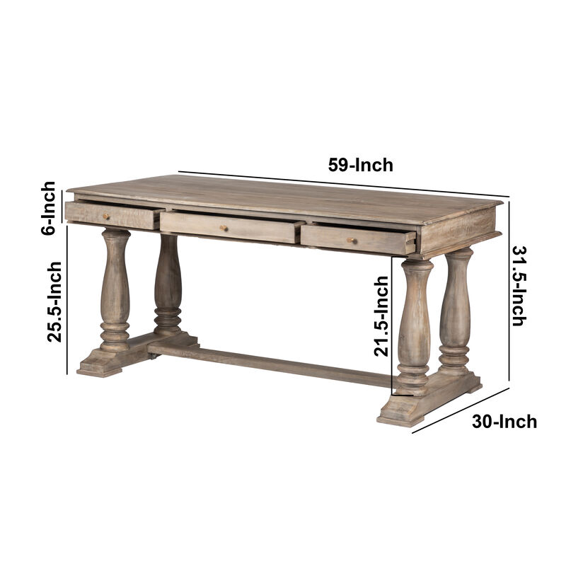 Aurice Writing Desk with Classic Turned Legs 59 Inch, Farmhouse Antique Graywash Mango Wood