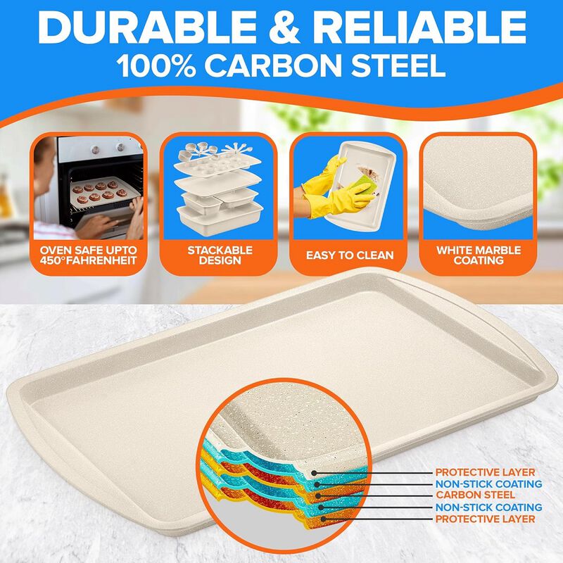 Stackable Baking Pan Set - Deluxe Nonstick White Marble Coating, Carbon Steel Bakeware Sets, PFOA, PFOS, PTFE Free, Recipe Booklet Included, Oven Safe (Up to 450°F), Set of 7 - White