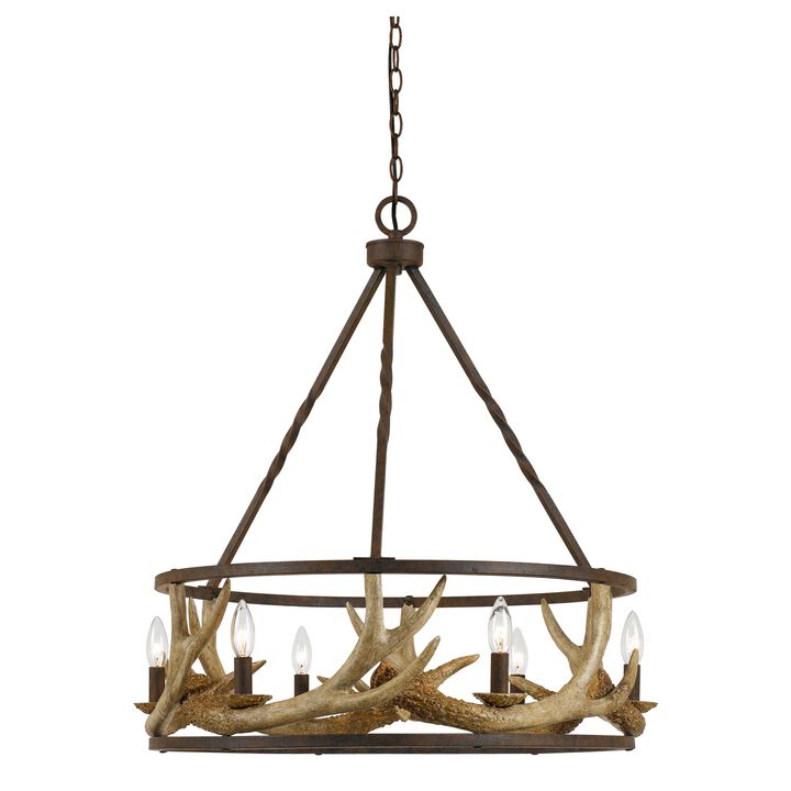 6 Bulb Metal Frame Chandelier with Resin Antler Design,Dark Bronze and Gold-Benzara