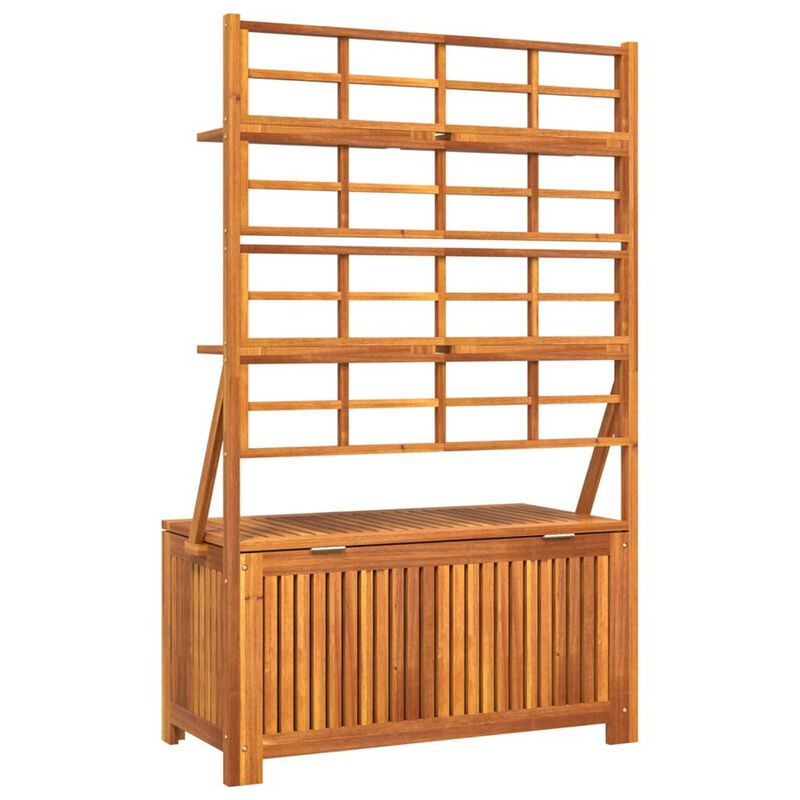 Outdoor Storage Box with Trellis n Shelves, 63 Inch, Brown Acacia Wood - Benzara
