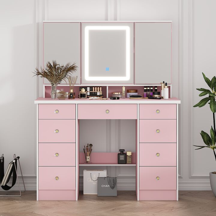 FUFU&GAGA 43.3" Pink Makeup Vanity with LED Mirror, 9 Drawers and Adjustable Storage (43.3" W x 53.9" H x 19.7" D),Pink