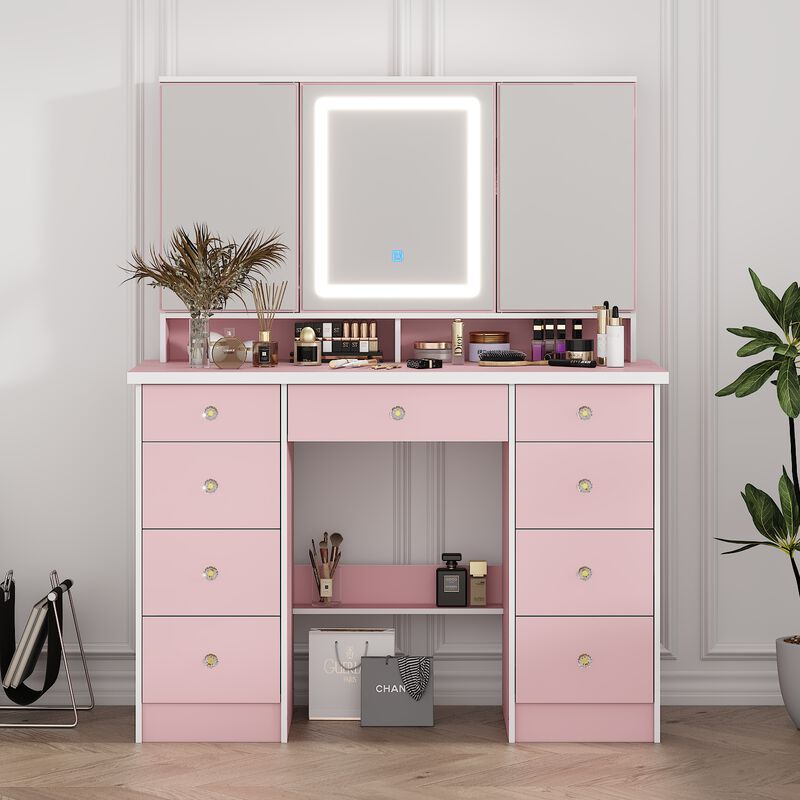 FUFU&GAGA 43.3" Pink Makeup Vanity with LED Mirror, 9 Drawers and Adjustable Storage (43.3" W x 53.9" H x 19.7" D),Pink