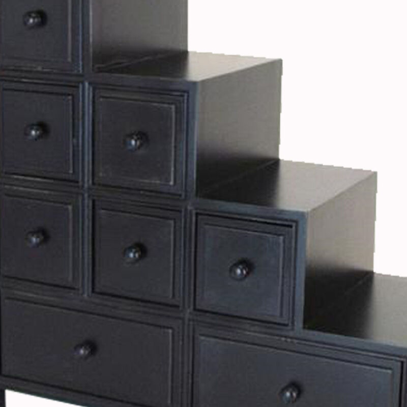 Wooden Frame Reversible Step Chest with 8 Drawers, Antique Black-Benzara