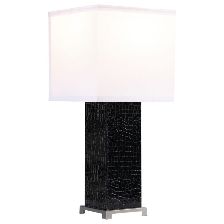 25 Inch Table Lamp, Square White Shade, Modern Black Crocodile Pattern Base - Benzara