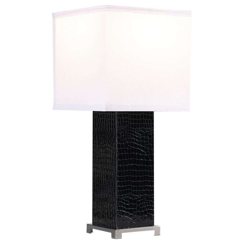 25 Inch Table Lamp, Square White Shade, Modern Black Crocodile Pattern Base - Benzara