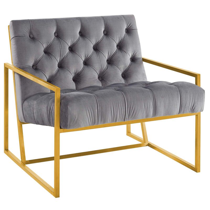 Modway Bequest Performance Velvet Upholstered Accent Lounge Arm Chair with Gold Stainless Steel Frame in Gray