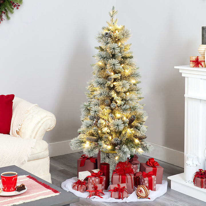 LuxenHome 4Ft Pre-Lit Green Flocked Potted Artificial Christmas Tree
