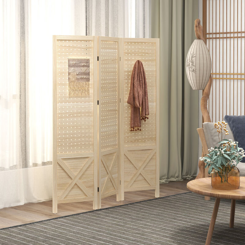 4 Panel Pegboard Display Room Divider, 4.7' Tall Wood Privacy Screen, Natural