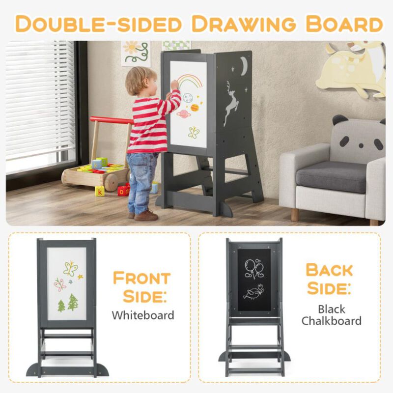 Hivvago Toddler Kitchen Stool Helper Baby Standing Tower with Chalkboard and Whiteboard