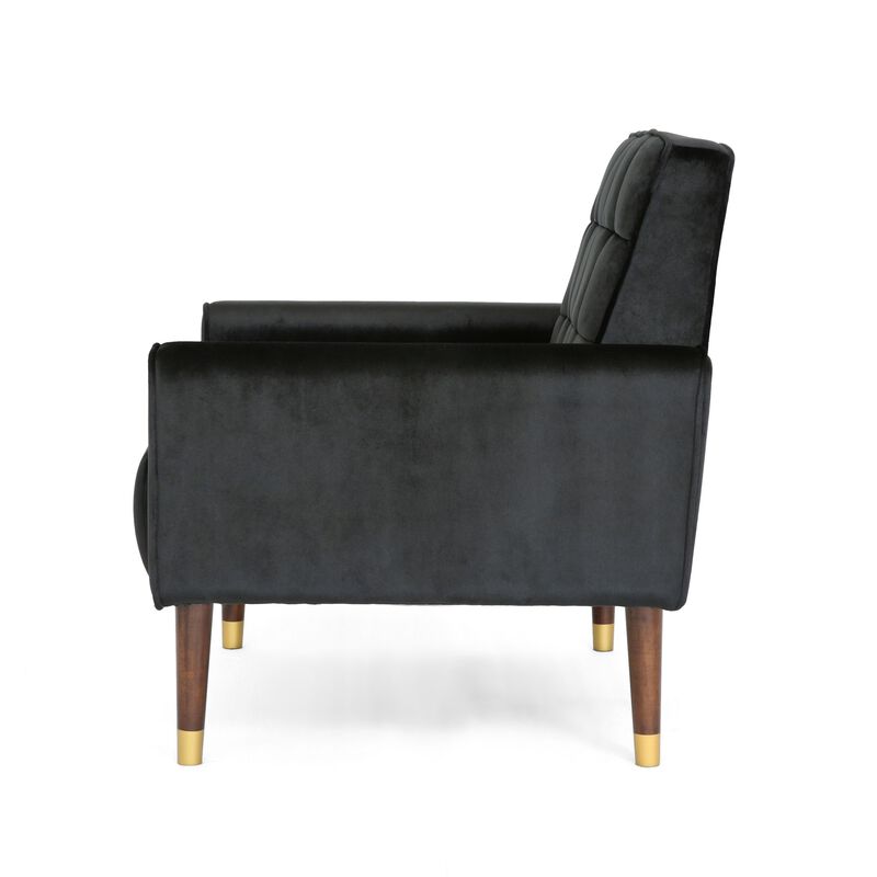 Covia Accent Club Chair with Waffle Stitch Black Velvet, Gold Tip Legs