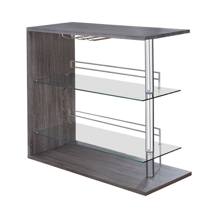 Radiant Rectangular Bar Table with 2 Shelves and Wine Holder, Gray-Benzara