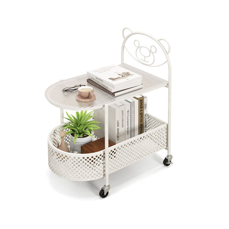 2-Tier Mobile Glass Coffee Table with Adorable Bear Pattern Design