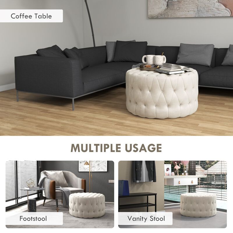 Beige Velvet-Feel Round Ottoman: Button Tufted, Padded Seat