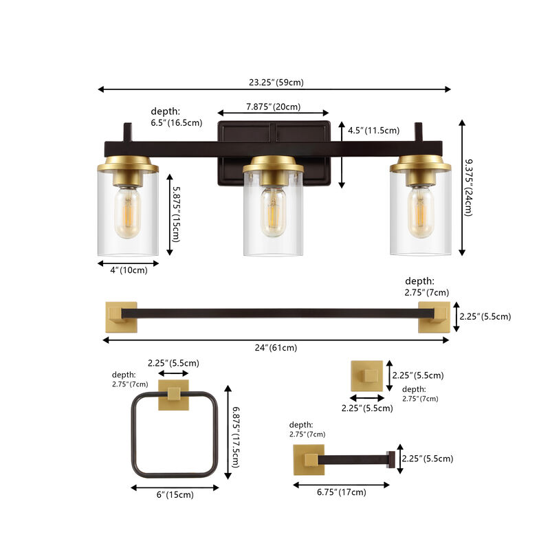 Liam 23.25" 3-Light Farmhouse Industrial Vanity Light with Bathroom Hardware Accessory 5-Piece Set