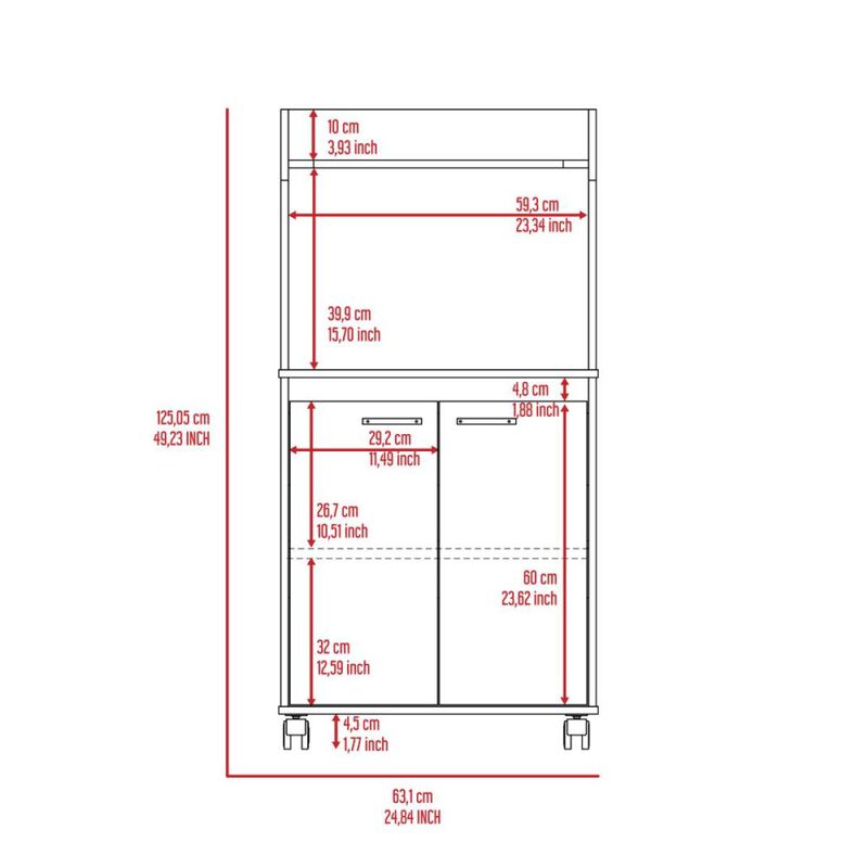 Kira Kitchen Kart, Double Door Cabinet, One Open Shelf, Two Interior Shelves - White