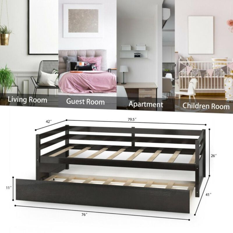 Hivvago Twin Size Wooden Slat Trundle Platform