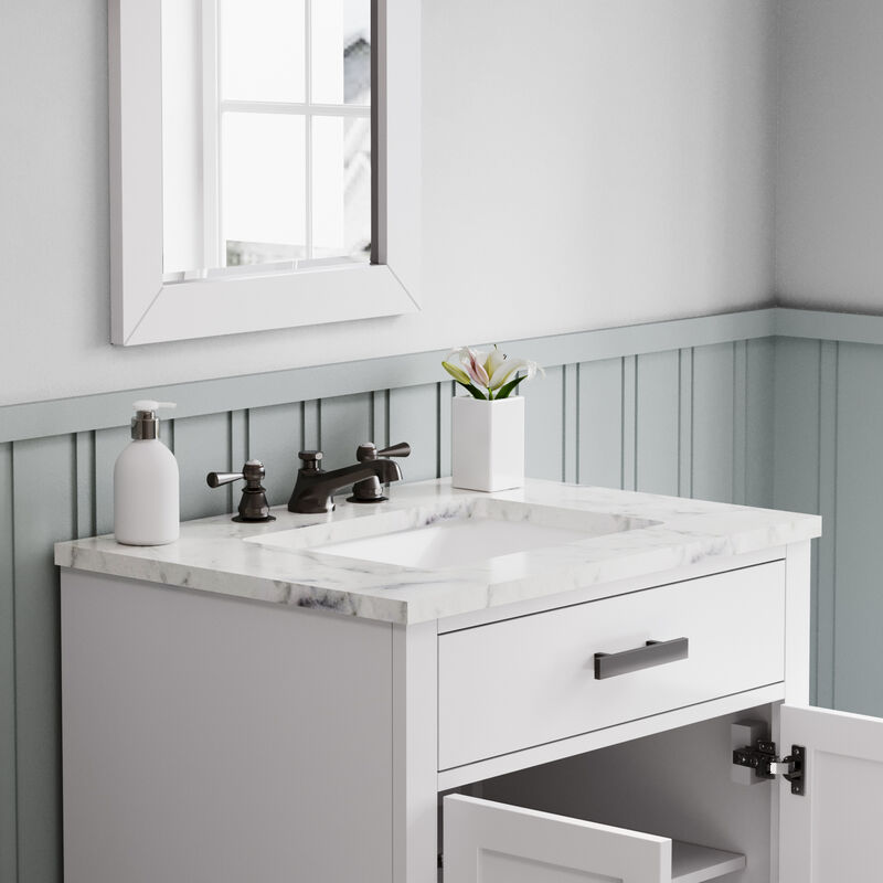 Hartford 30 In. Single Sink Carrara White Marble Countertop Bath Vanity in Pure White