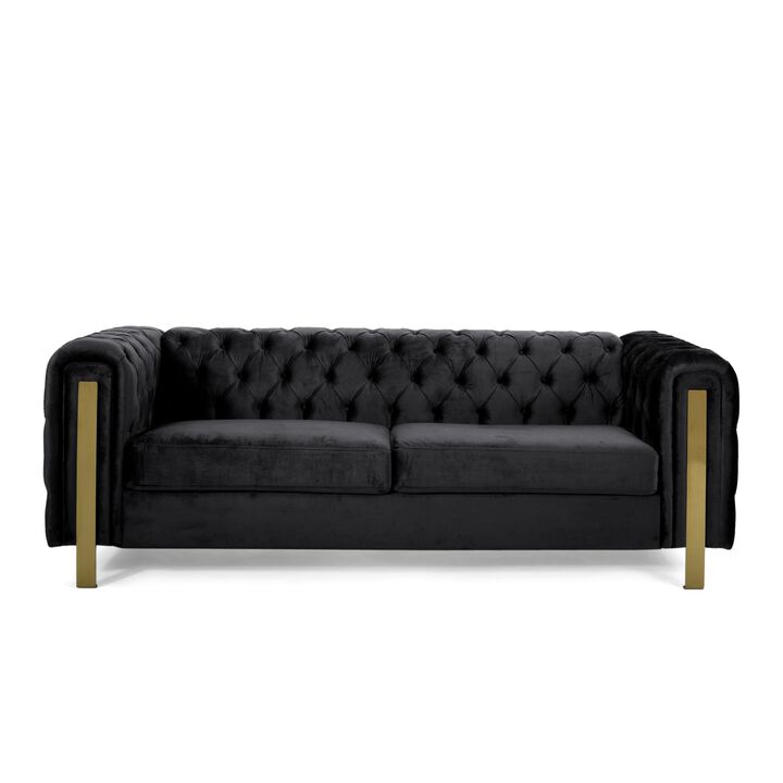 Nua Sofa, Chesterfield Tufted Black Velvet, Modern Gold Legs