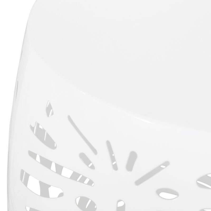 Miami Outdoor End Table Stool, Palm Leaf Pattern, White Iron, 17 Inch - Benzara