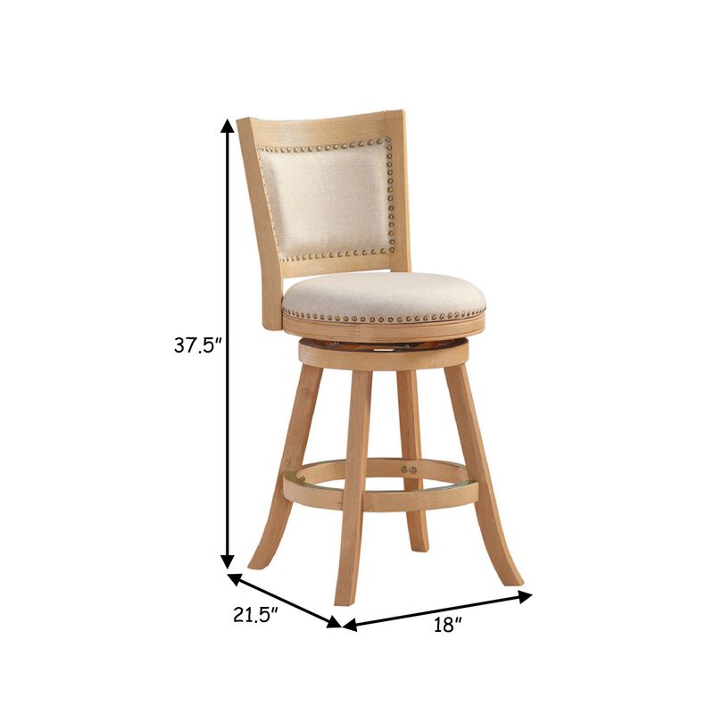 Kia 24 Inch Solid Wood Swivel Counter Stool, Curved Panel Back, Brass Nailheads, Ivory - Benzara