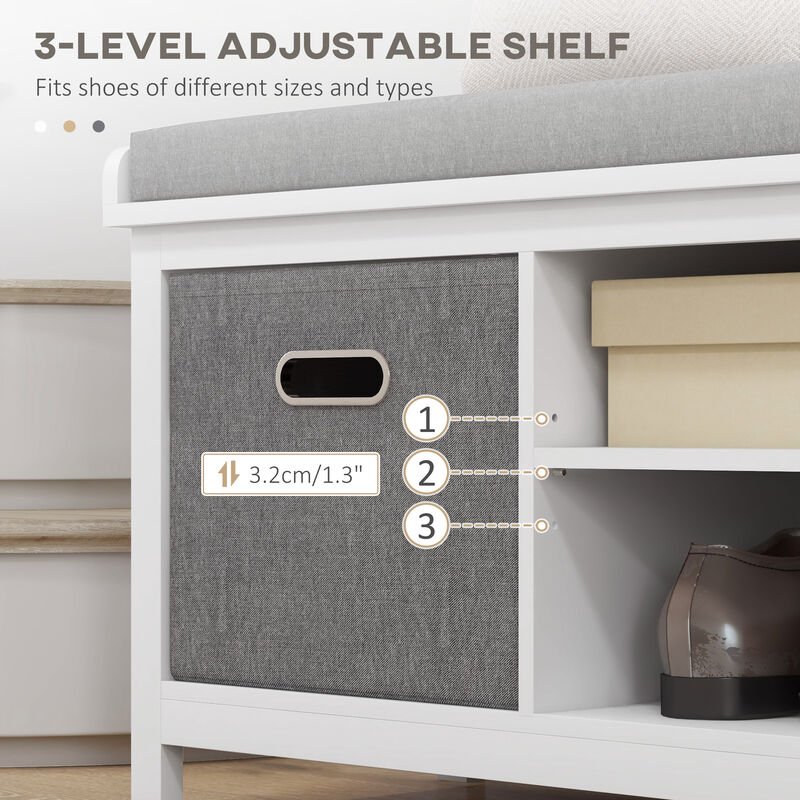 HOMCOM Storage Shoe Bench with Cushion, Fabric Drawers for Entryway, White