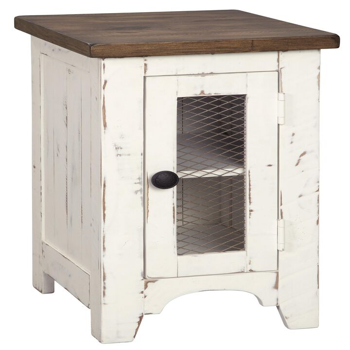 Two Tone Chair Side End Table with Wire Metal Grill Cabinet,Brown and White-Benzara