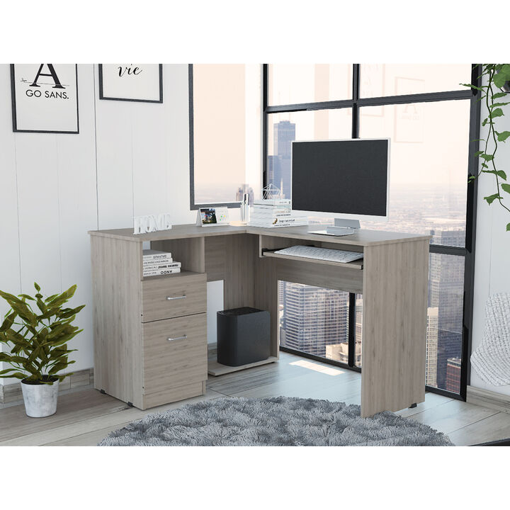 Mix L-Shaped Desk, Keyboard Tray, Two Drawers, Single Open Shelf - Light Gray