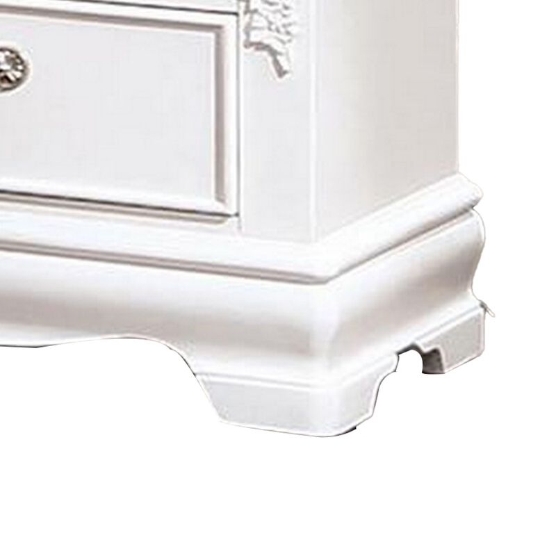 Benjara Aleci 24 Inch Nightstand, 2 Drawers, Carved Details, Solid Wood, White and Nickel