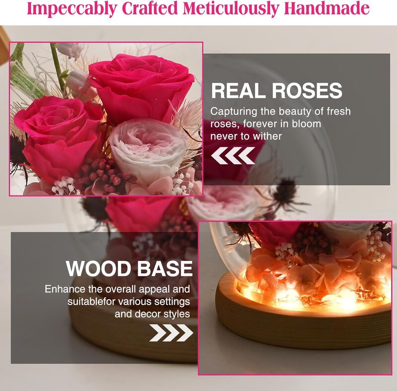 Red Rose in Glass Dome with LED Light,Gifts for Women