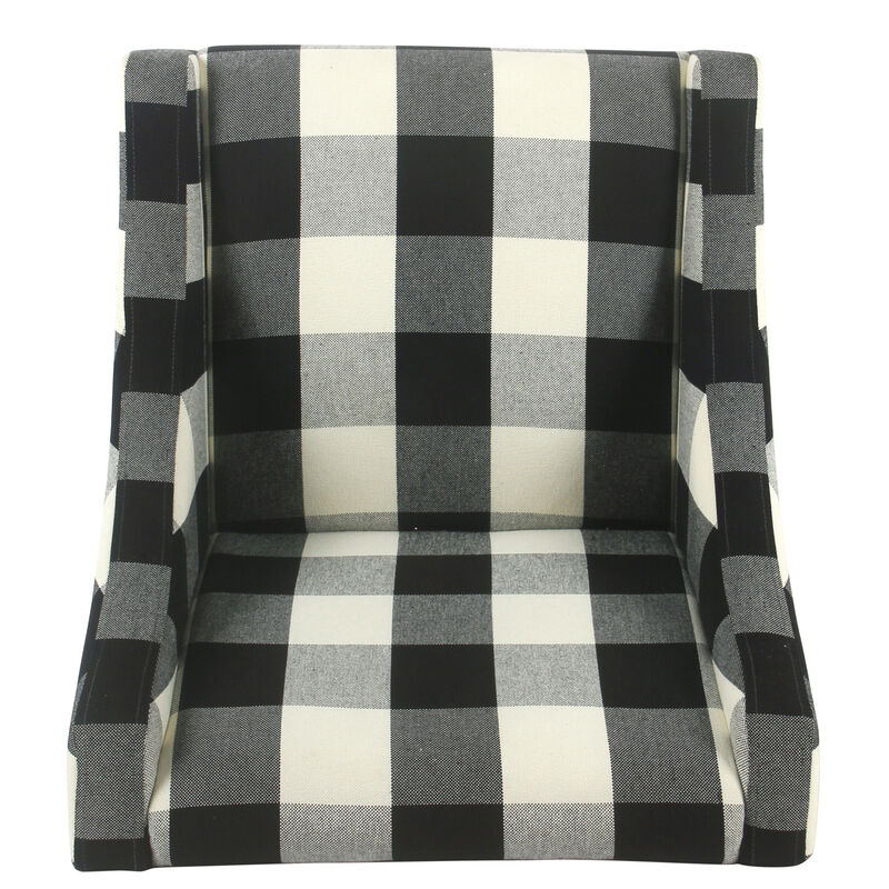 Fabric Upholstered Wooden Accent Chair with Buffalo Plaid Pattern, Black and White - Benzara