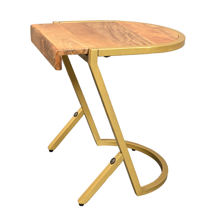 17 Inch Side End C Table, Natural Mango Wood Top with Drop Edge, Iron Gold Angled Frame - Benzara