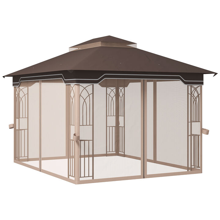10' x 12' Patio Gazebo Outdoor Canopy Shelter w/ 2 Tier Roof, Brown