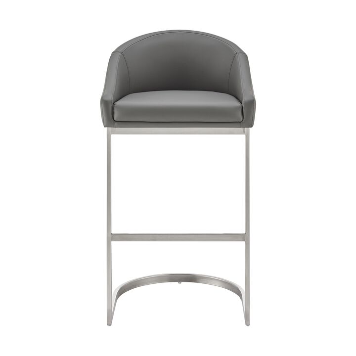 Holo 30 Inch Barstool Chair, L Shaped Cantilever Base, Gray Faux Leather - Benzara