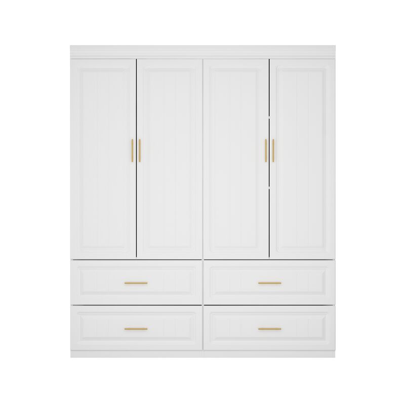 FUFU&GAGA 4-Door Wardrobe Closet with 4 Drawers, Cube Storage, and Hanging Rod - Coastal Style White Armoire Wardrobe Cabinet,(63" W x 20.6" D x 74.2" H),White