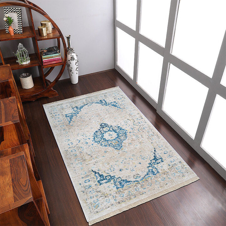 RUGSOTIC CARPETS MACHINE MADE POLYESTER AREA RUGS  - 8'x10', Rectangle Shape, Ivory Color, Classic Oriental Traditional  Design, Low Pile Machine Made Area Rugs for Living Room, Bed Room (M00069)