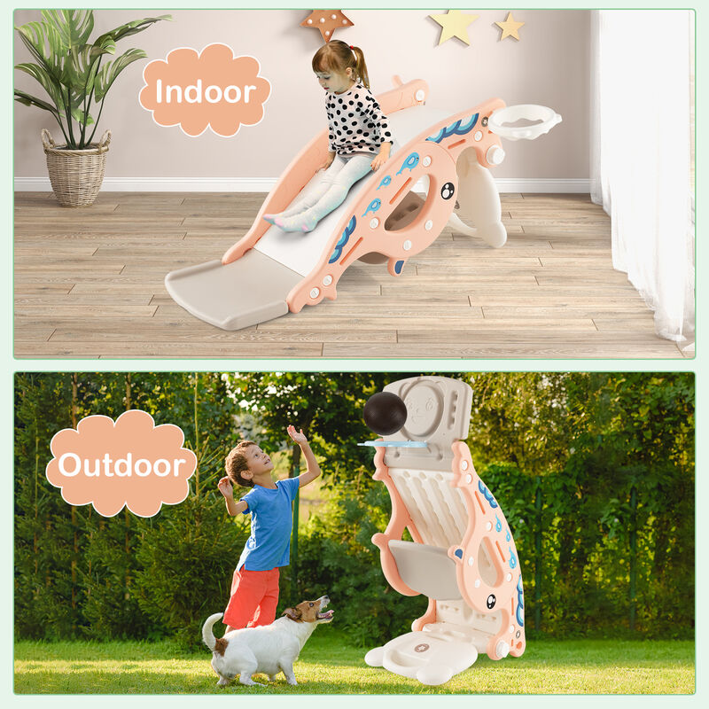 4-in-1 Kids Slide Rocking Horse with Basketball and Ring Toss