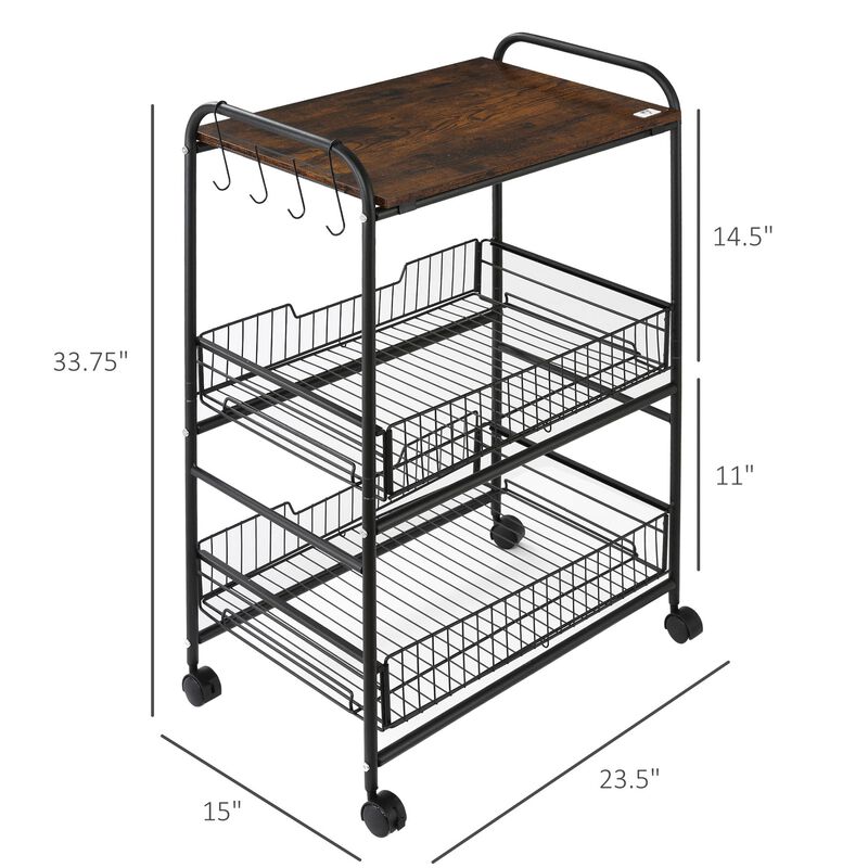 Brown Culinary Aid: 24" 3-Tier Rolling Cart with Basket Drawers