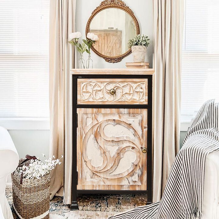 LuxenHome Black Metal Frame and Carved Wood 1-Door 1-Drawer End Table with Storage