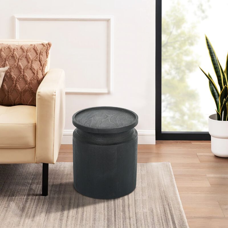 16 Inch Side End Table, Modern Cylinder Jar Like Design, Mango Wood, Black - Benzara