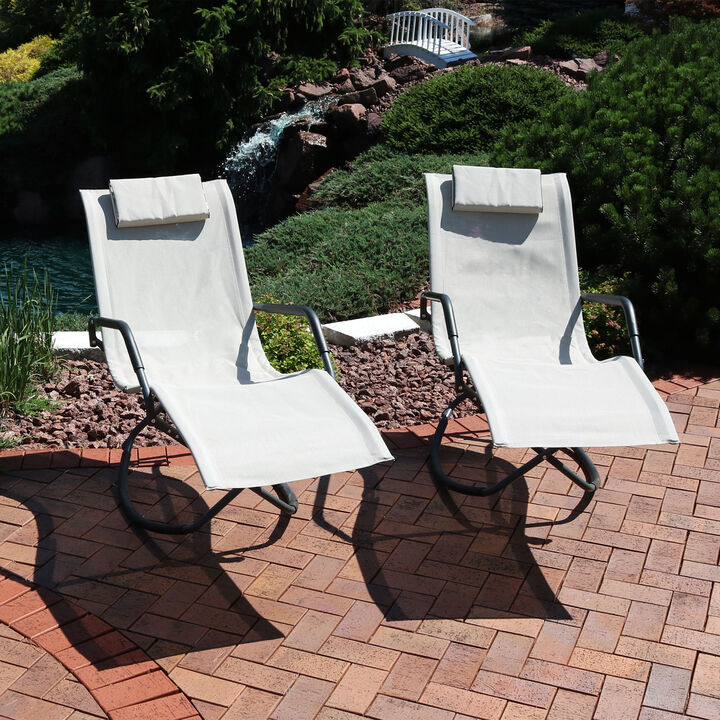 Sunnydaze Folding Outdoor Rocking Lounger with Pillow - Beige - Set of 2