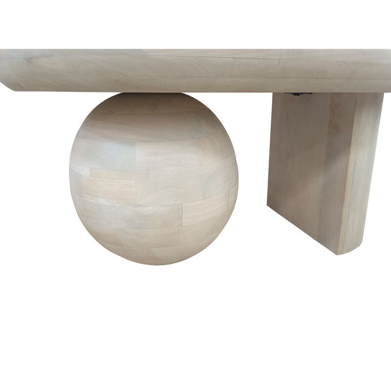 38 Inch Coffee Table, Oblong Mango Wood Top with a Modern Ball Leg, Washed White - Benzara