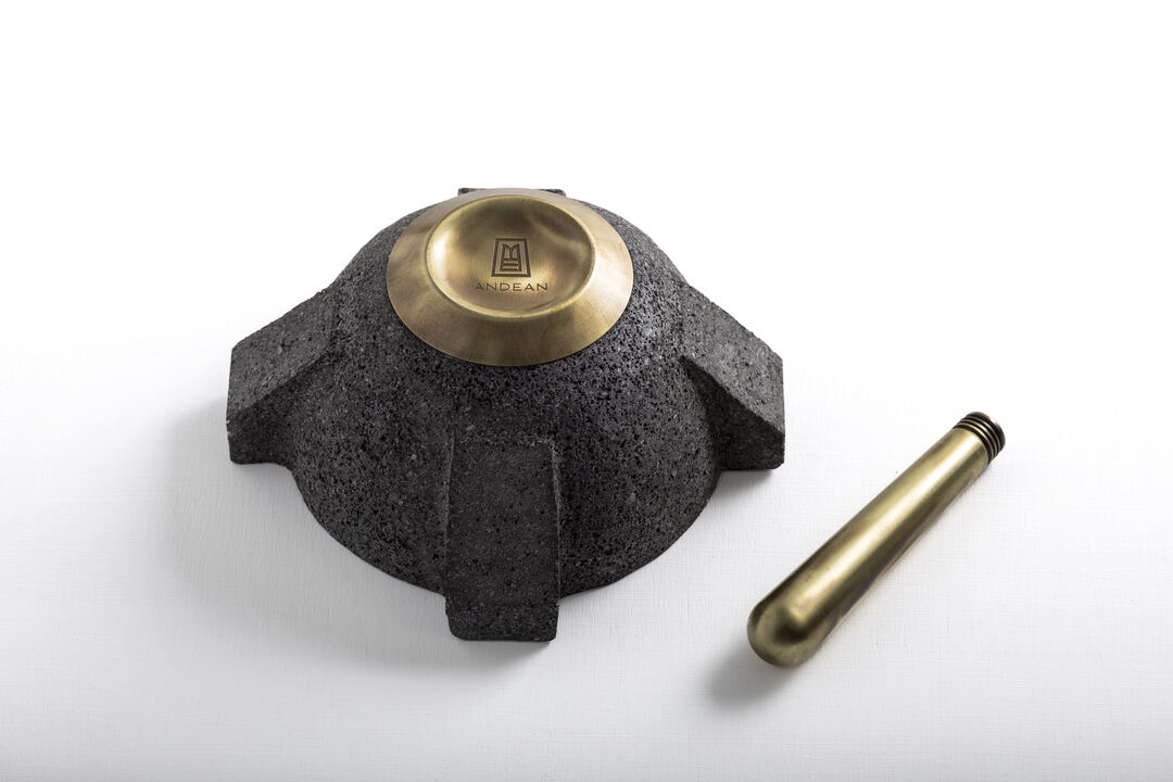 MORTERO Decorative Volcanic Stone Bowl with Aged Bronze Details by ANDEAN, In Stock