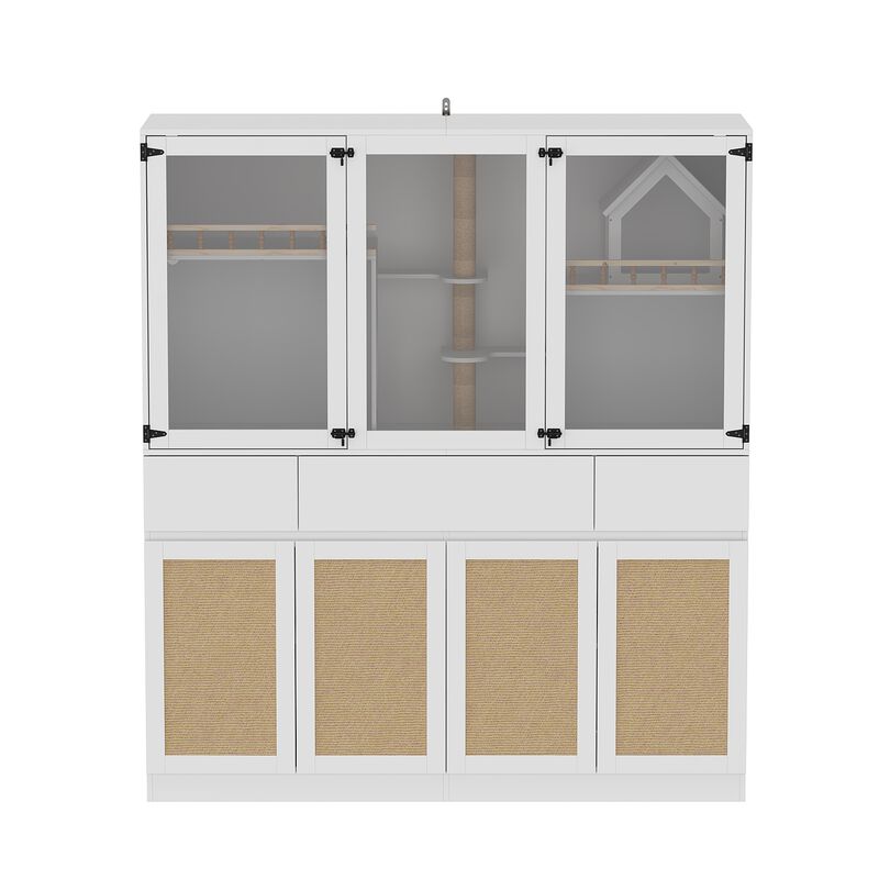 FUFU&GAGA Deluxe Multi-Level Cat Cabinet with Built-In Storage – Stylish and Functional Pet Furniture, 63"W x 19.7"D x 70.9"H, White