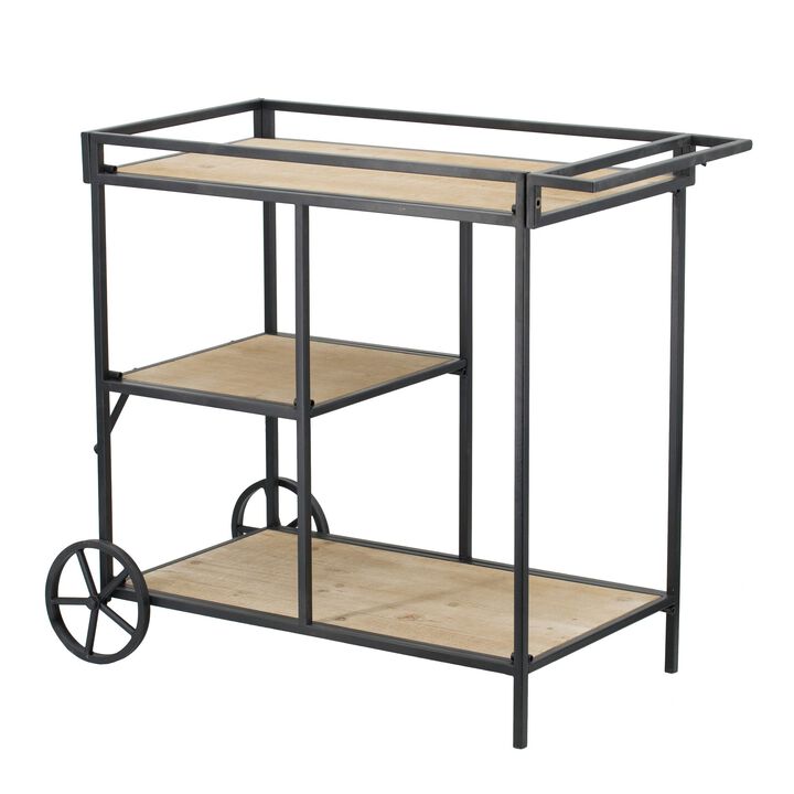 32 Inch Bar Cart, 3 Tiers, Fir Wood Shelves, Iron Frame, Black, Brown-Benzara