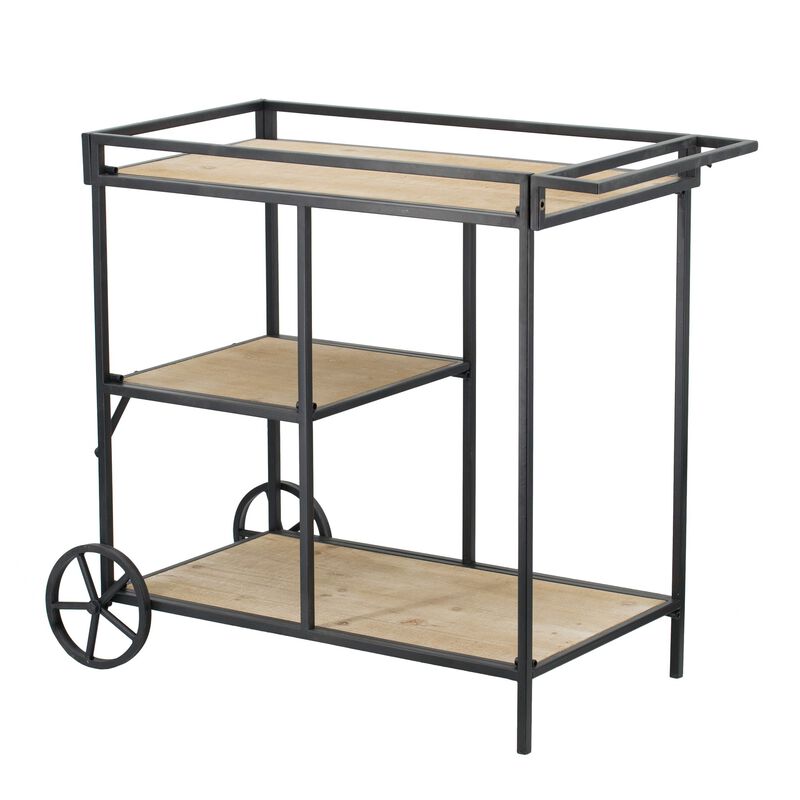 32 Inch Bar Cart, 3 Tiers, Fir Wood Shelves, Iron Frame, Black, Brown-Benzara