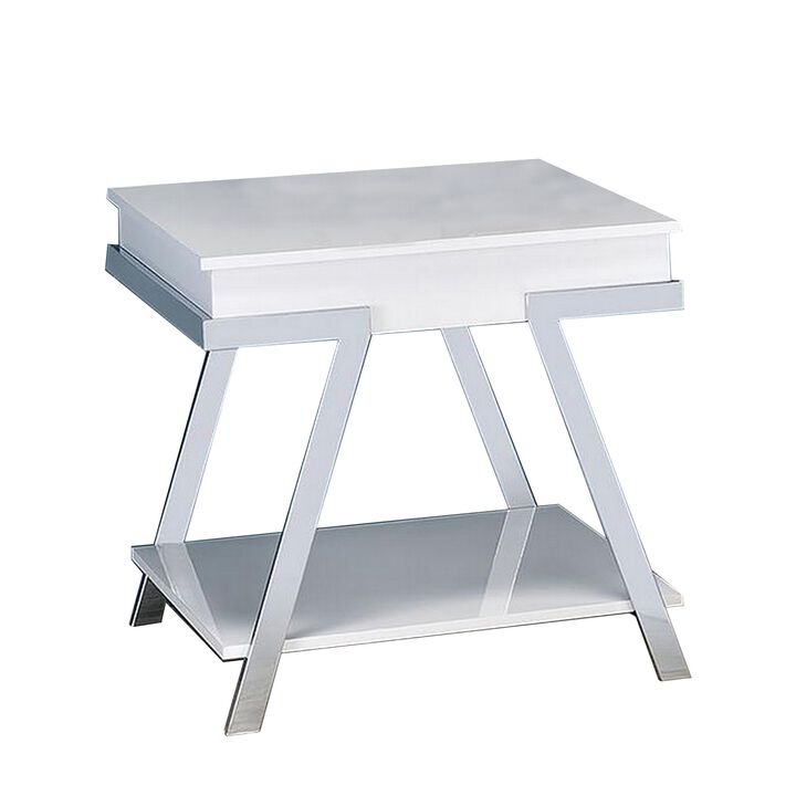 Tius 26 Inch Side End Table, Open Shelf, Chrome, High Gloss White Finish - Benzara