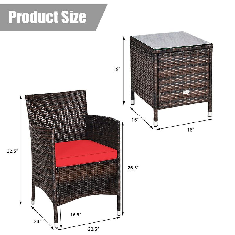 3 Pieces Ergonomic Wicker Patio Conversation Set-Red